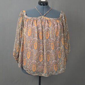 Ann Taylor Factory Paisley Off Shoulder Halter Boho Long Sleeve Blouse XL
